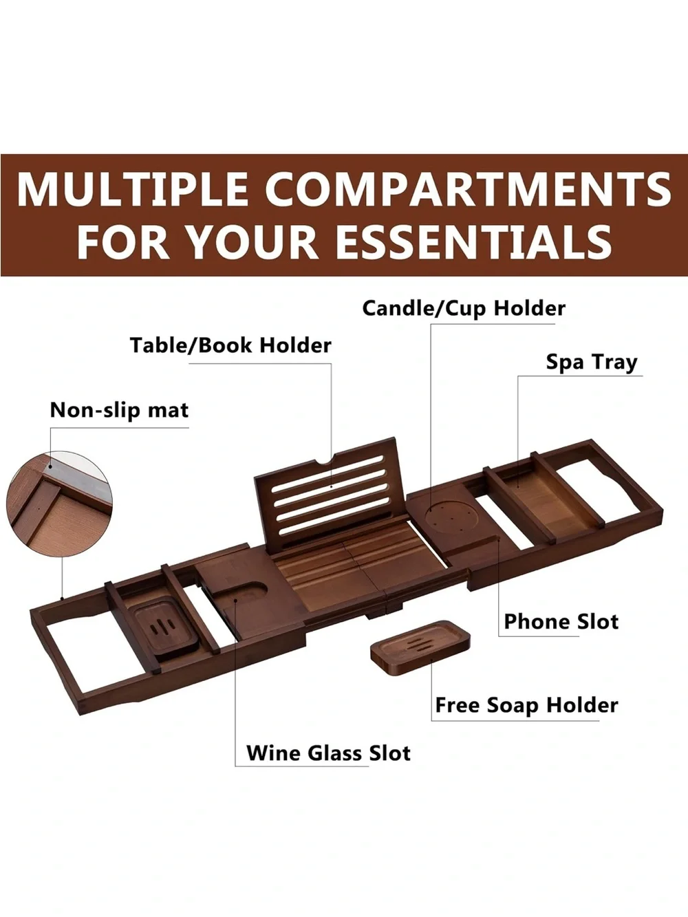NIB Expandable Wooden Bathtub Caddy Tray in Dark Brown - Shower & Bath Organizer